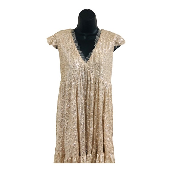 Gold shimmery sequin lace trim v-neck babydoll swing tent dress size medium new - Picture 14 of 16